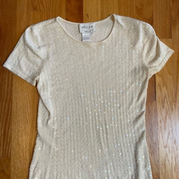 Oscar De La Renta Silk Knitted Beaded Sequin Short Sleeve Top,  Size Petite - Picture 10 of 16